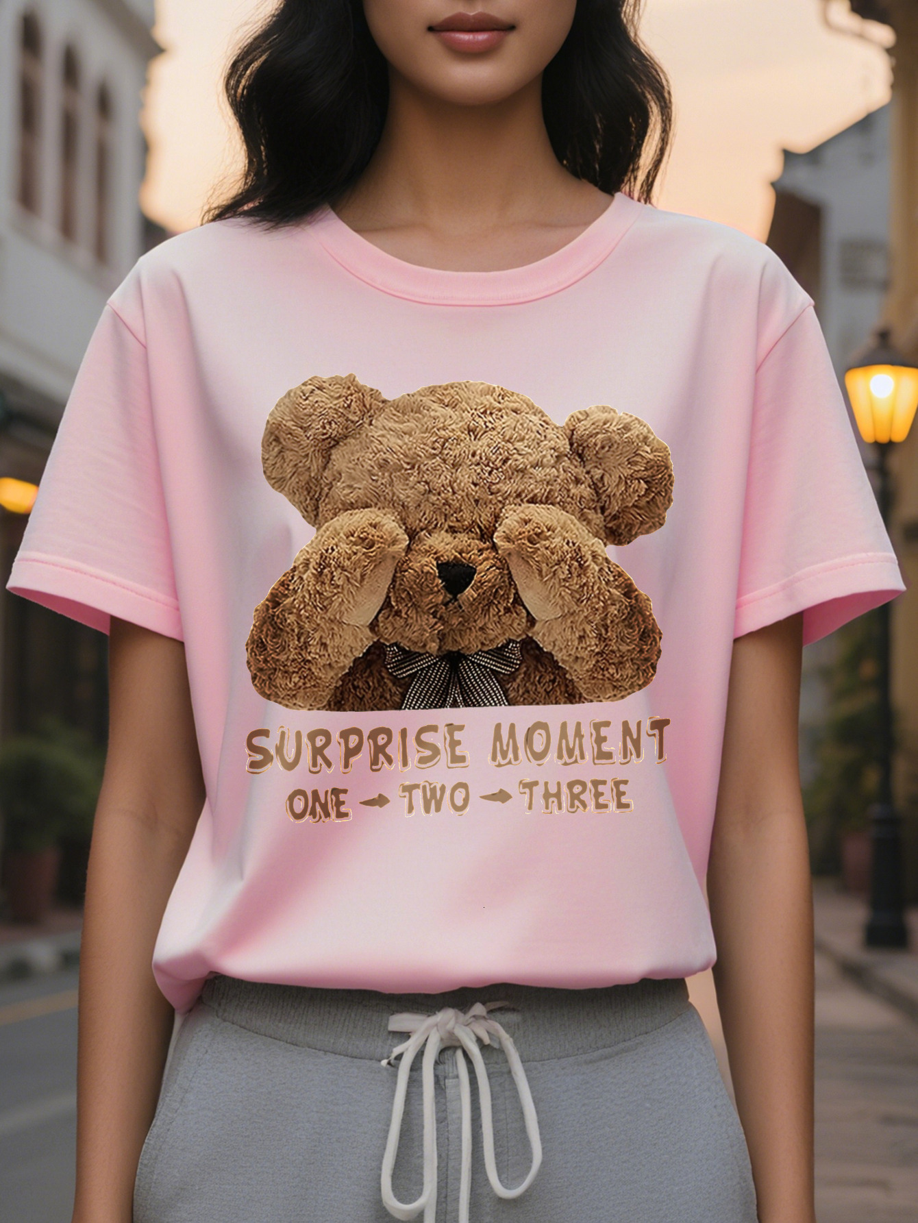 Women S Cute Teddy Bear Graphic T-Shirt Casual Short Sleeve Crew Neck Black with Surprise Moment Design Soft for