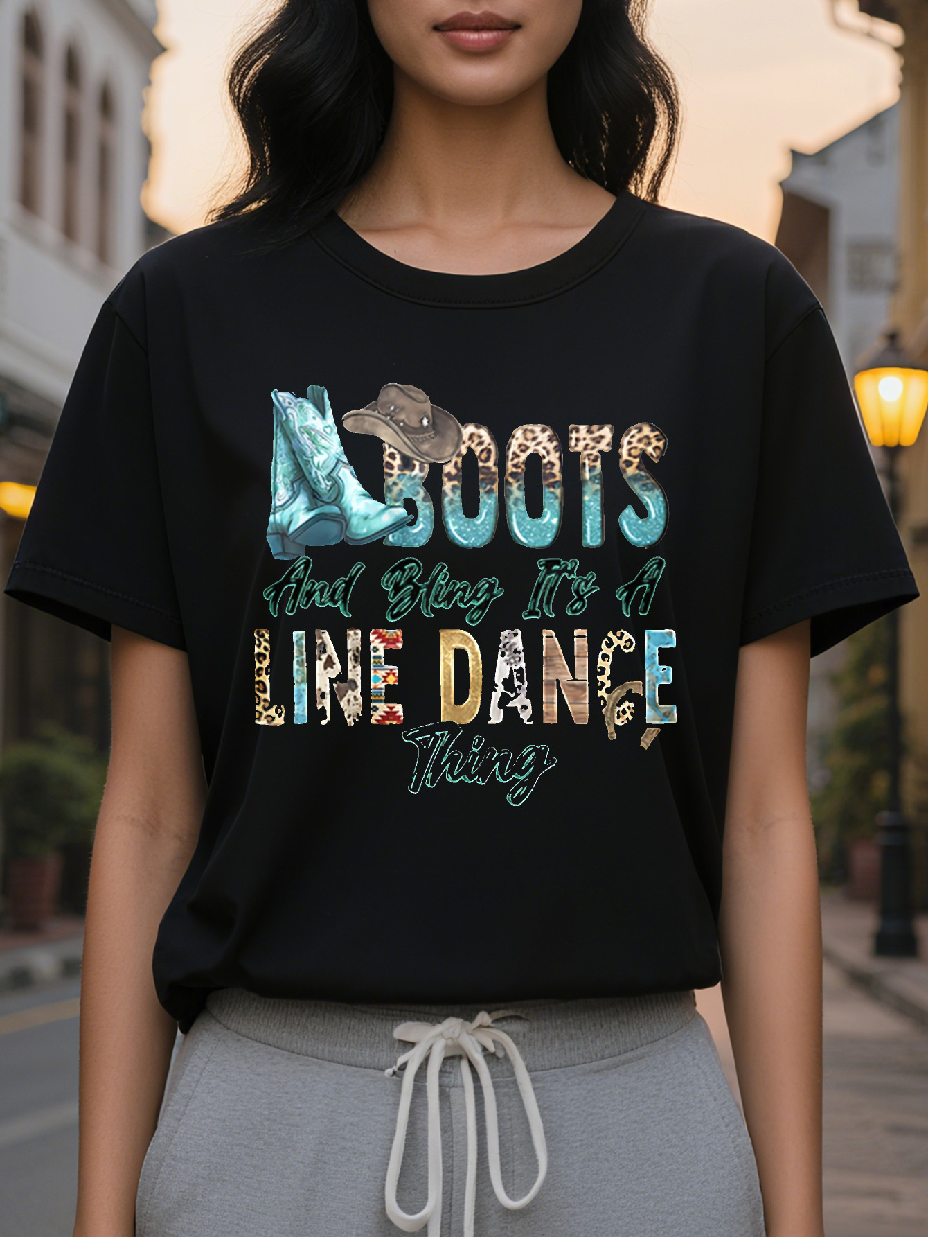 Ladies Printed T Shirt Boots Take Me To Happiness Pattern Black Casual Short Sleeve Round Neck Top Breathable