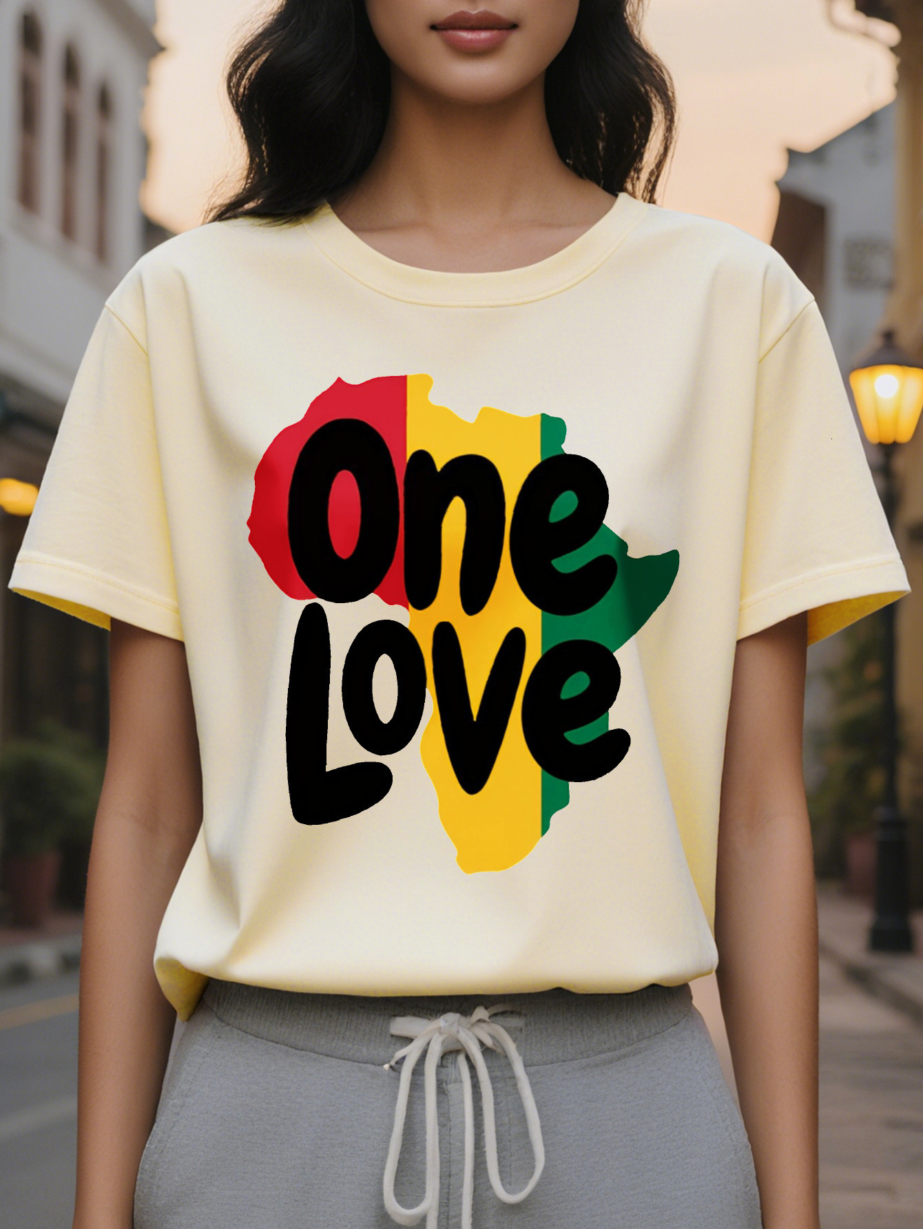 Large XL Juneteenth One Love Africa Map Graphic Print T-Shirt Women's Casual Short Sleeve Crew Neck Top with Pan African Plus Size