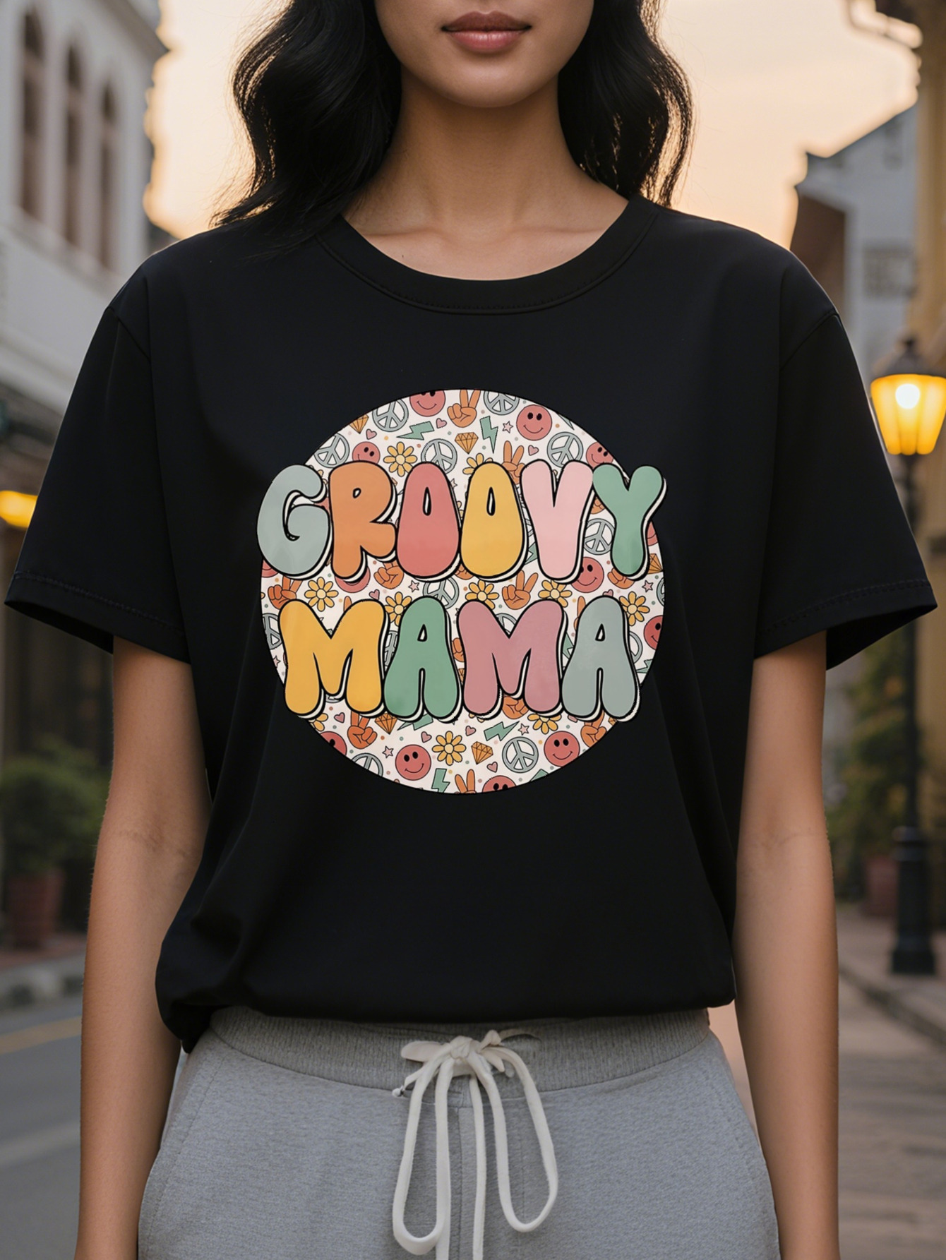 Groovy Mama Printed T-shirt Short Sleeve Round Neck Casual Top Spring Summer Women's Clothing