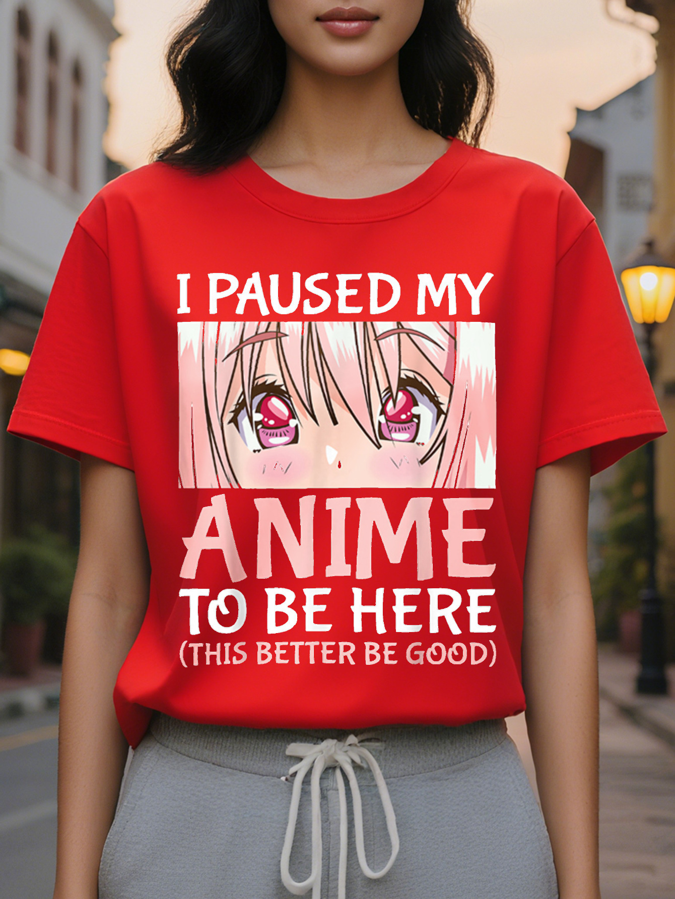 Large XL Women's I Paused My To Be Here Anime Graphic T Shirt Manga Character Face Pink Lettering Print Round Neck Short Plus Size