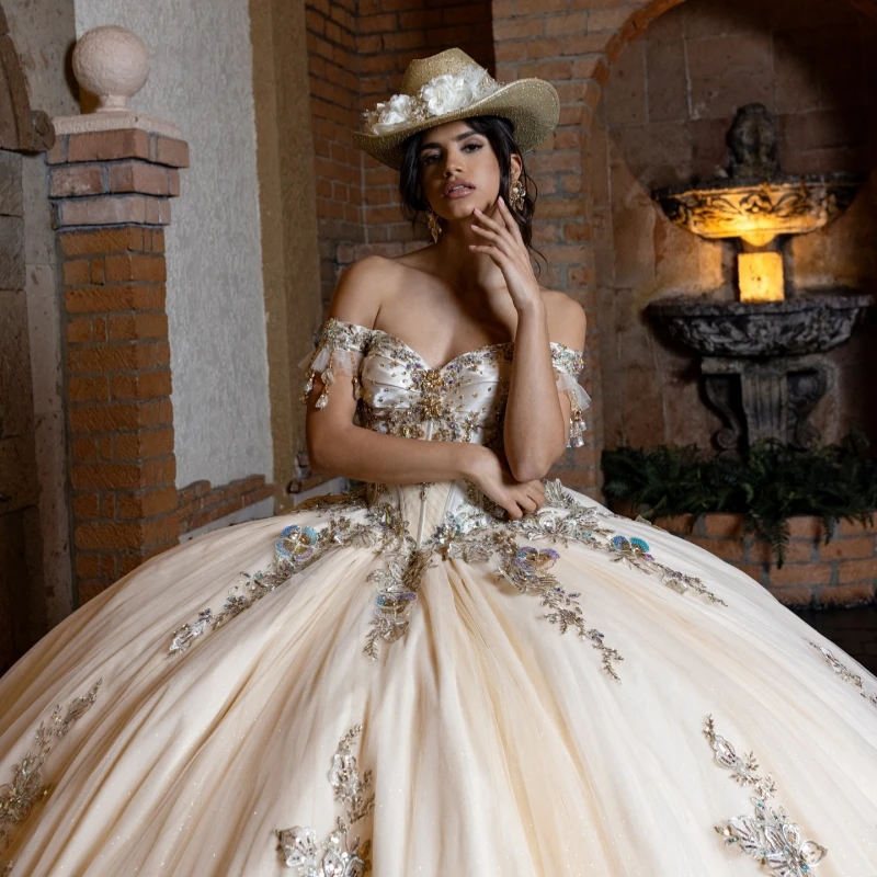 Champagne Shiny Quinceanera Dresses Ball Gown Off The Shoulder Applique Lace Beading Crystal Sweet 16 Dress Vestidos 15 Anos