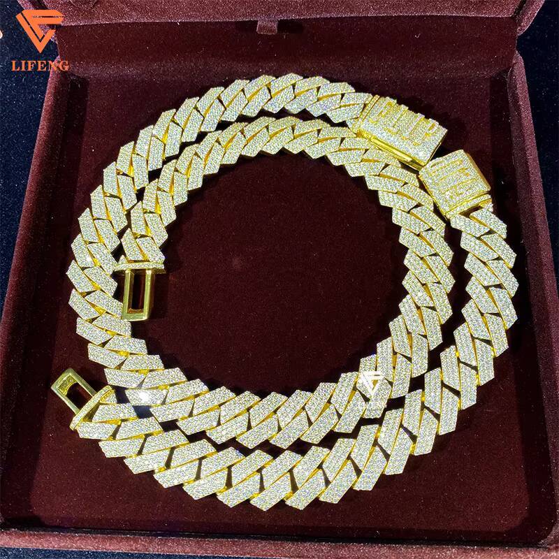 18mm 3Row Gold Plated 925 Silver Cuban Link Chain Iced Out VVS Moissanite Diamond Necklace Charm Clasp Jewelry Making Accessory