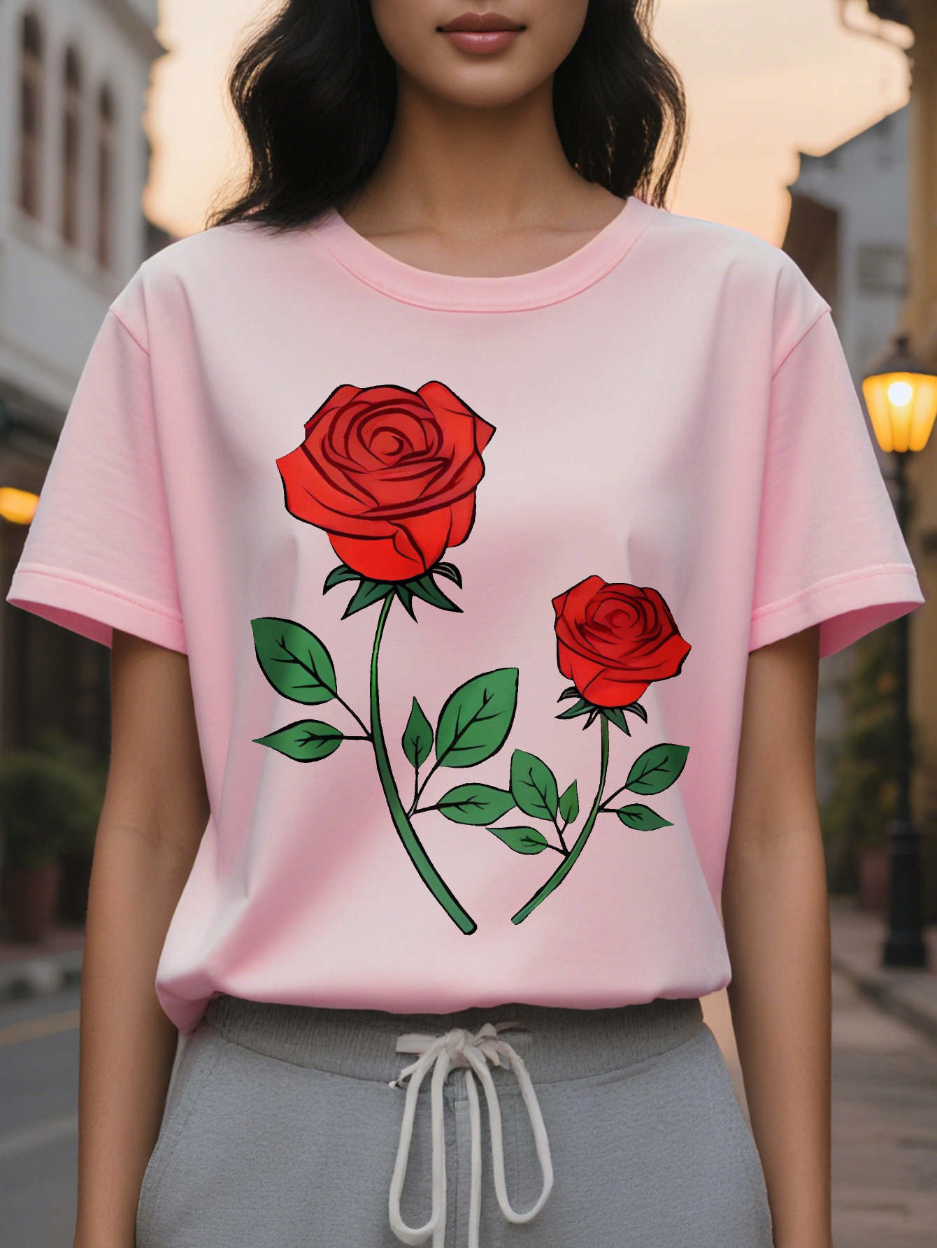 ibrant Rose Print Crew Neck T Shirt Soft Breathable Short Sleeve Casual Top Spring Summer Women s Comfortable