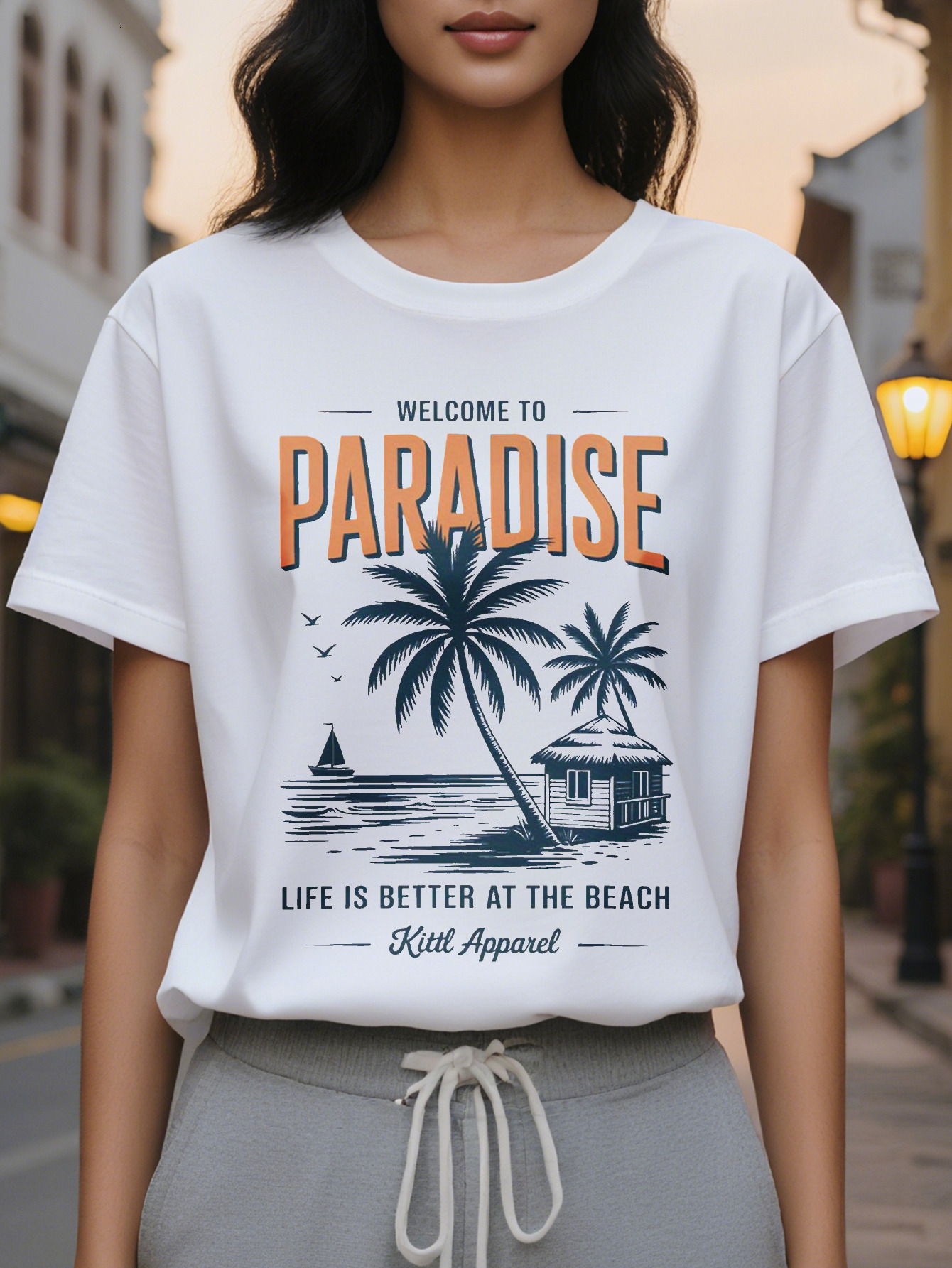 Women's Welcome to Paradise Patterned T-shirt Elegant Summer with Palm Trees and Sea Views Casual Round Neck Short