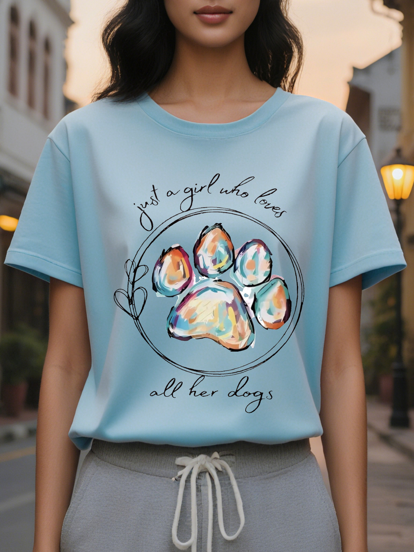 Women's Only Love Her Dog Pattern Short Sleeve T-shirt Cute Claw Printed Round Neck Top Breathable Summer Casual