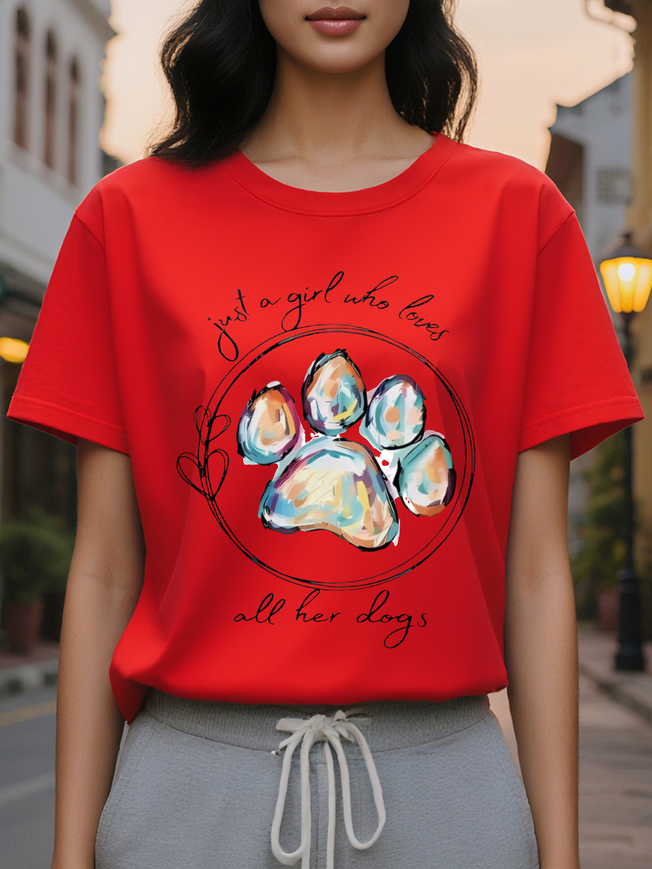 Women's Only Love Her Dog Pattern Short Sleeve T-shirt Cute Claw Printed Round Neck Top Breathable Summer Casual