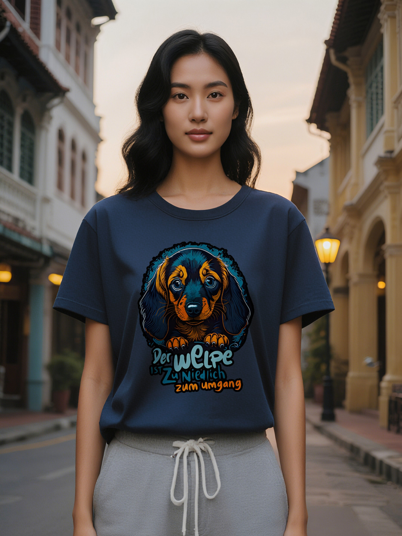 Large XL Graphic T-Shirt with Cartoon Dog Print Black Round Neck Summer Tee Dachshund Design German Text High Washable Plus Size