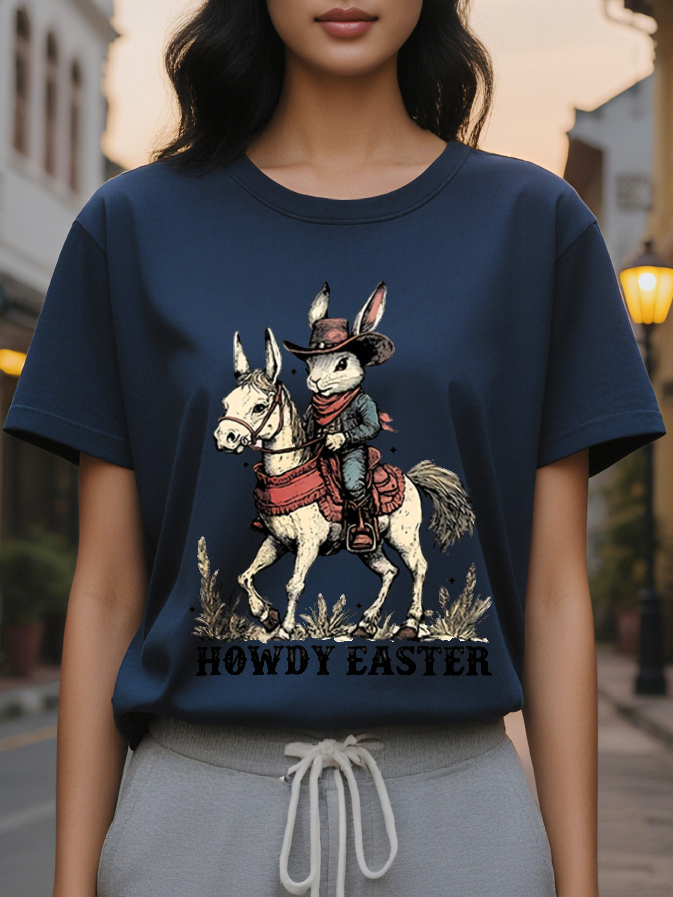 Howdy Easter Pattern Printed Women's Short Sleeve T-Shirt Light Gray Round Neck with Denim Rabbit Design Comfortable