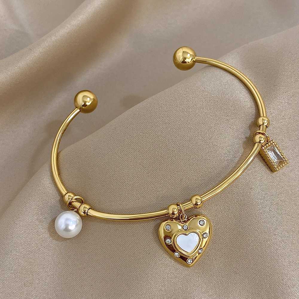 Fashion Pearl Zircon Charms Cuff Bangles for Women Unique Gold Silver Color Stainless Steel Open Bracelets Jewelry Gifts Y250904