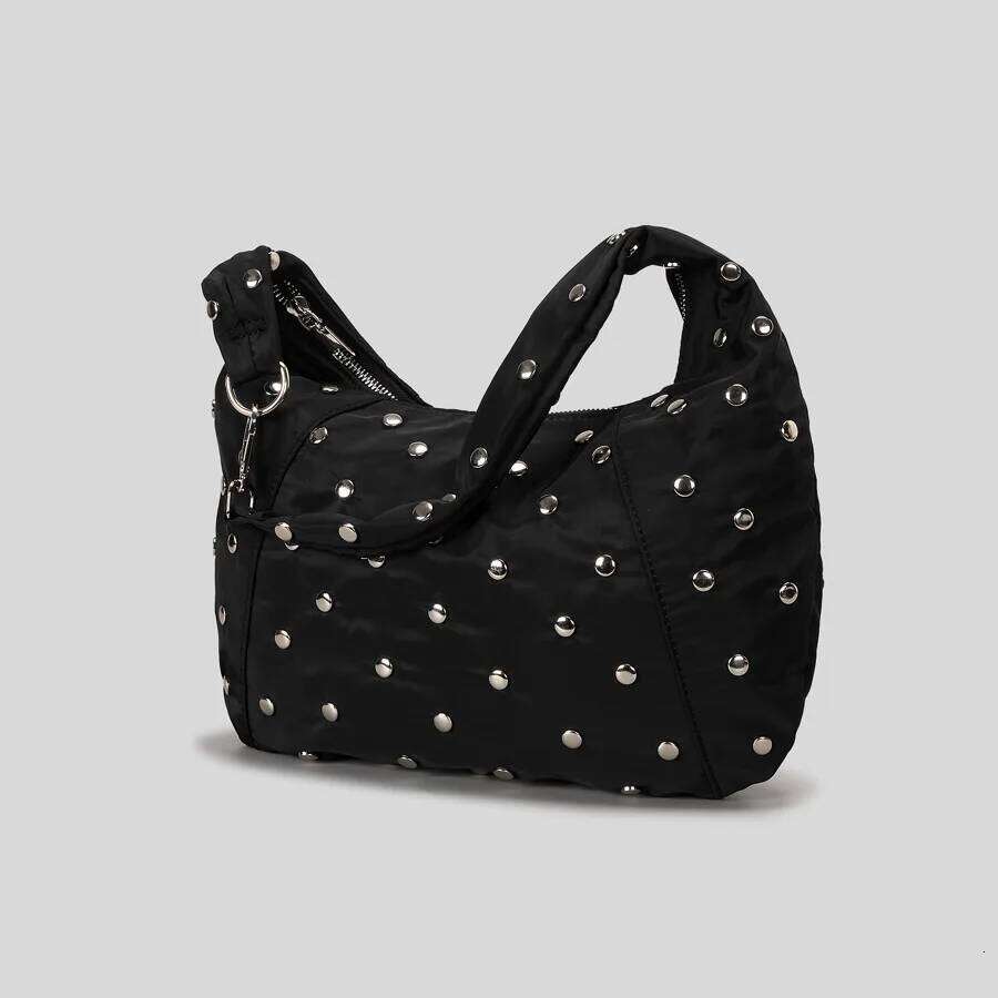 Punk Rivet Tote Bags For Women Half Moon Black Shoulder Soft Nylon Handbags And Purses High Quality Cloud Bag Shopper