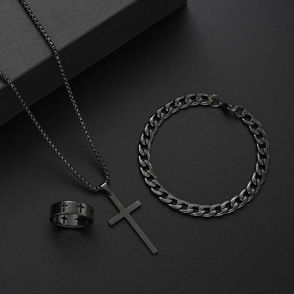 3 Pcs Stainless Steel Bracelet Necklace Ring for Men Women Retro Simple And Personalized Punk Hip Hop Jewelry Set Fashion Gifts W250904