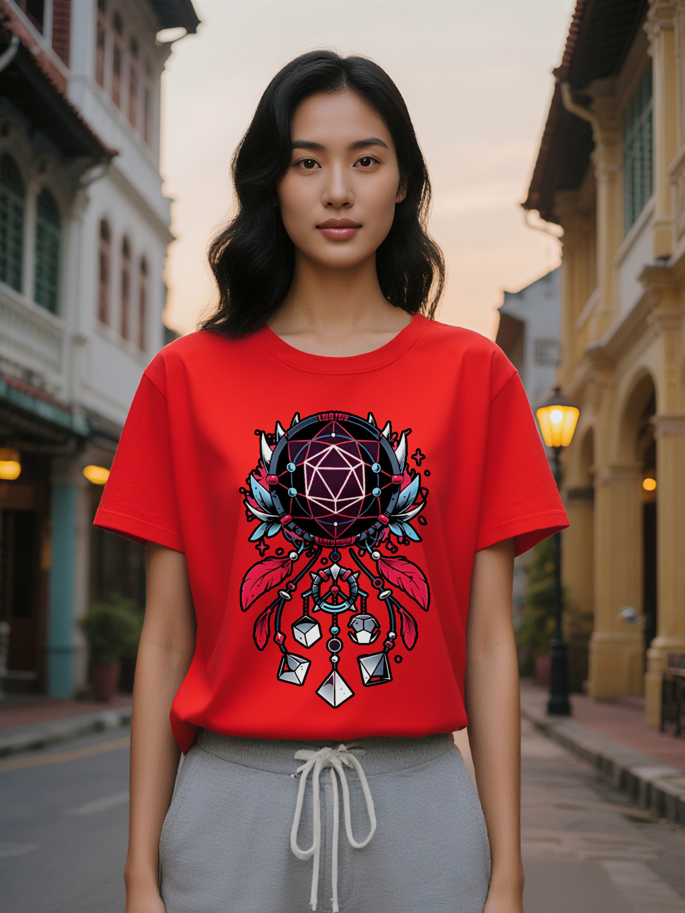 Casual Versatile Round Neck T-Shirt Geometric Polyhedron Black Border Print Pattern Top for Women Gift