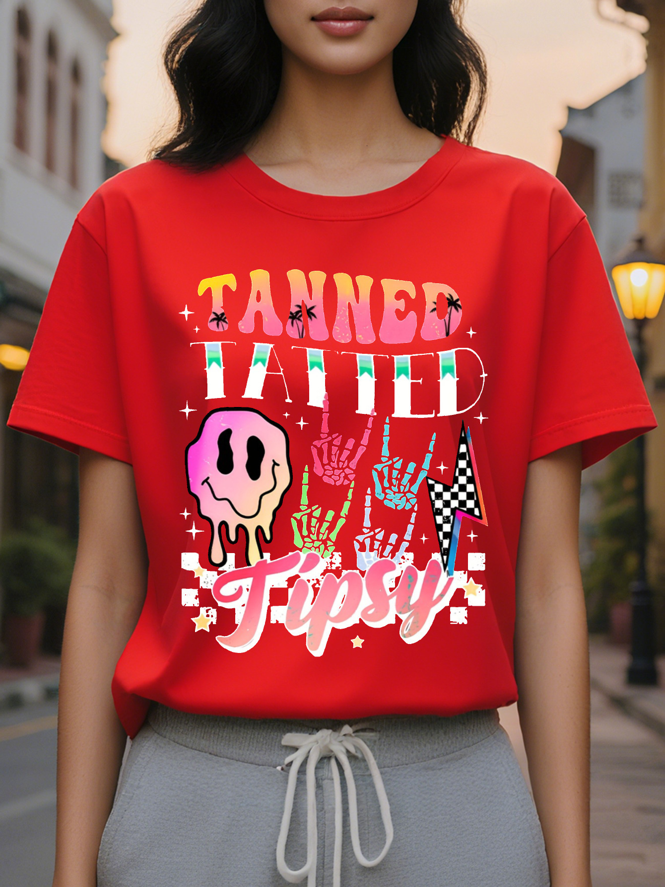 Women s Casual Short Sleeve T Shirt Double Sided Tanne Tattoo Tipsy Graphic Print Black with Colorful Lettering