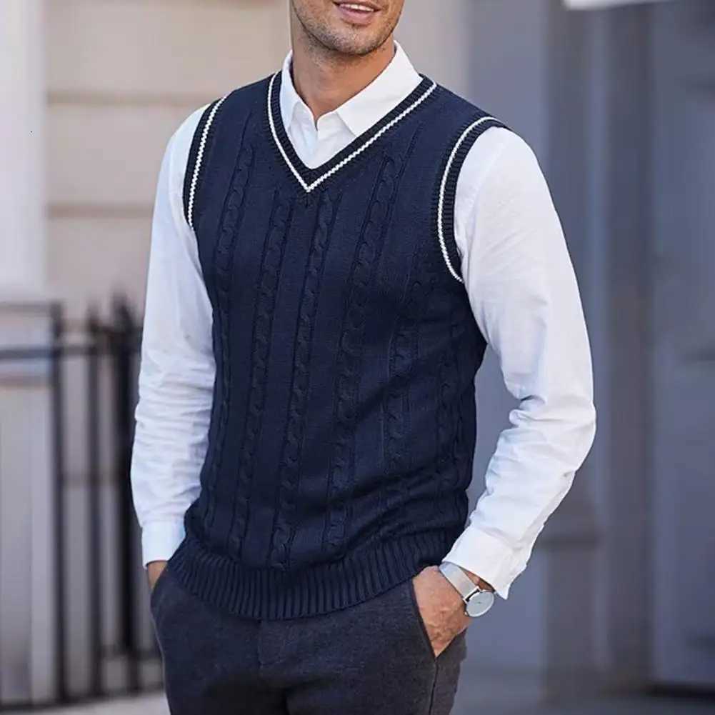 Stretchy Pullover Tank Top Stylish Mens V Neck Sleeveless Colorblock Knitted Vest Sweater Slim Fit Mid Length for PreppyXJ250904