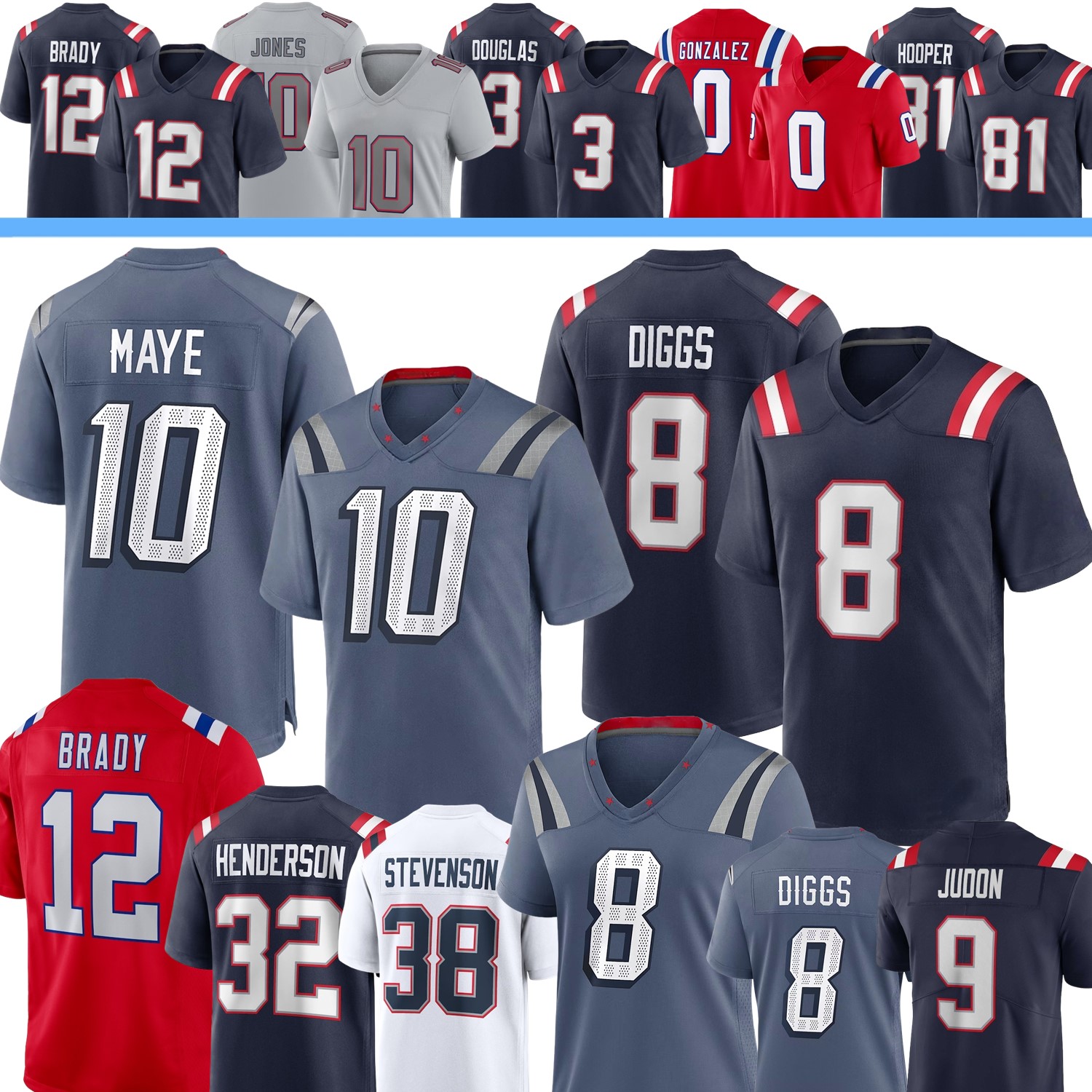 Custom Football Jersey Drake Maye Stefon Diggs Tom Brady TreVeyon Henderson Gonzalez Randy Moss Dugger Peppers Barmore Henry Stevenson Landry Douglas 4XL