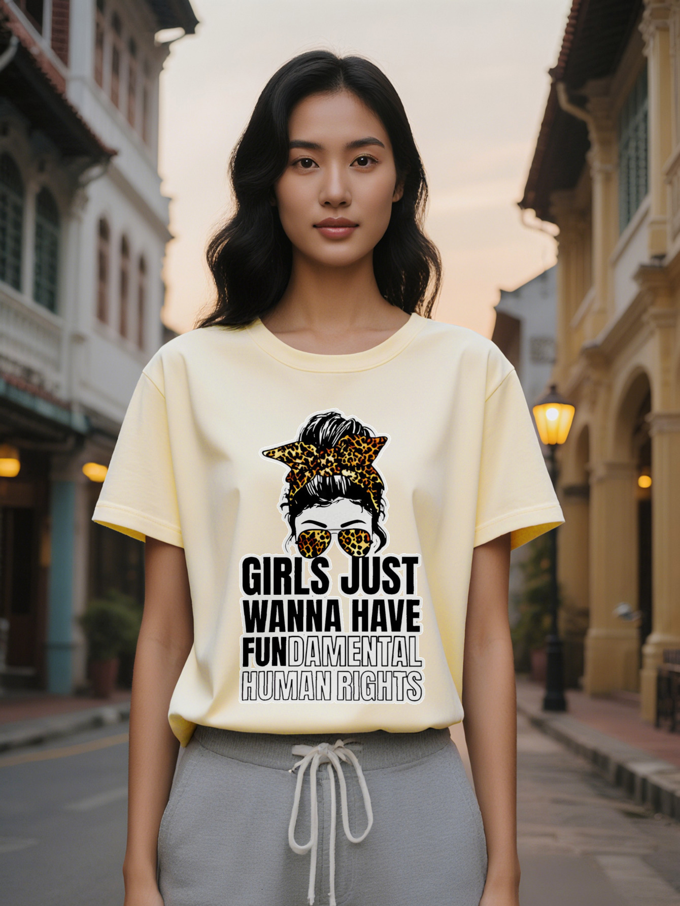 Large XL People Just Wanna Have Fundamental Human Rights Design Casual Crew Neck T-Shirt with Leopard Print Hair Band Graphic Plus Size