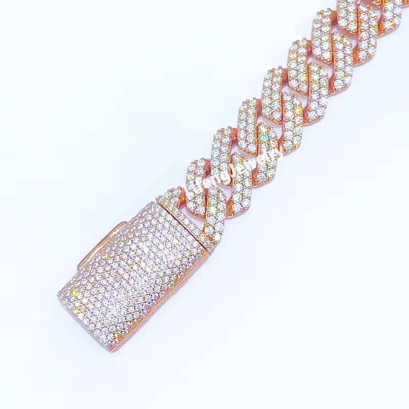 Mens 925 Sterling Silver Moissanite Necklace 14mm 2Rows Rose Gold Diamond Iced Miami Cuban Link Chain HipHop Style