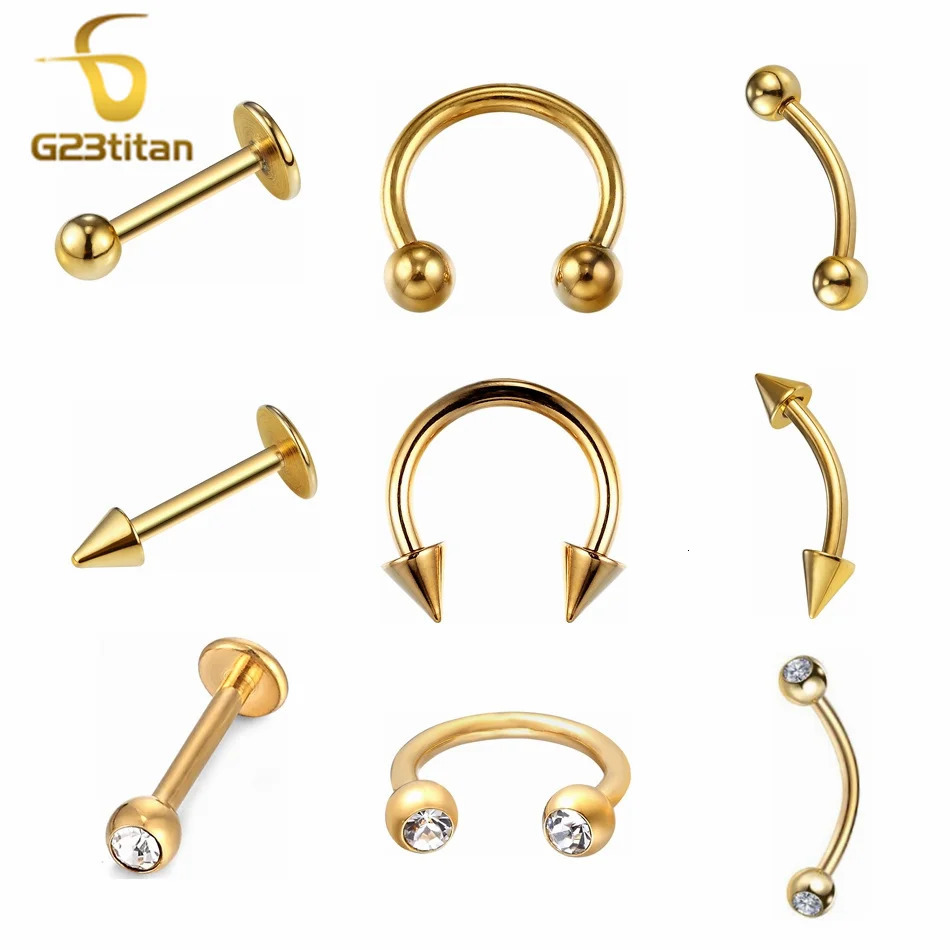 Gold Color Body Jewelry 612mm 16G Hypoallergenic Piercing Curved Barbell Horseshoe Labret Stud Rings for Ear Nose Lip 250903