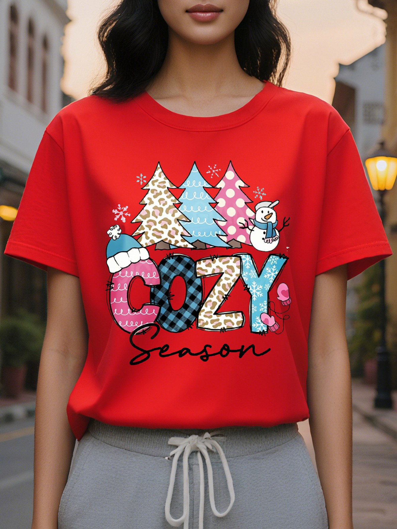 Large XL Women's Christmas Graphic Print Sweatshirt Cozy Season Design with Snowman Leopard Plaid Patterns Beige Casual Plus Size