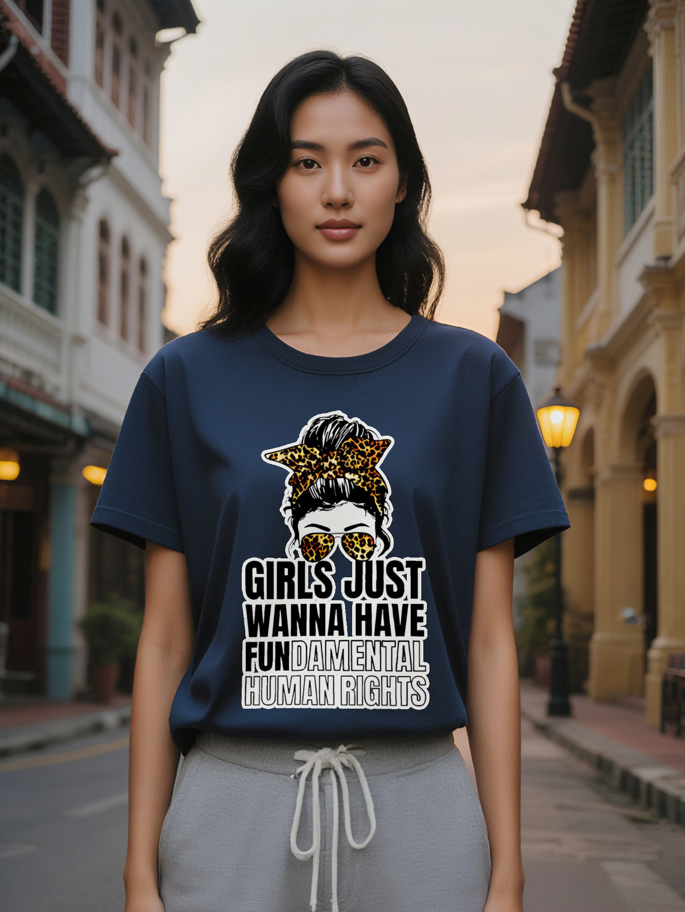 Large XL People Just Wanna Have Fundamental Human Rights Design Casual Crew Neck T-Shirt with Leopard Print Hair Band Graphic Plus Size