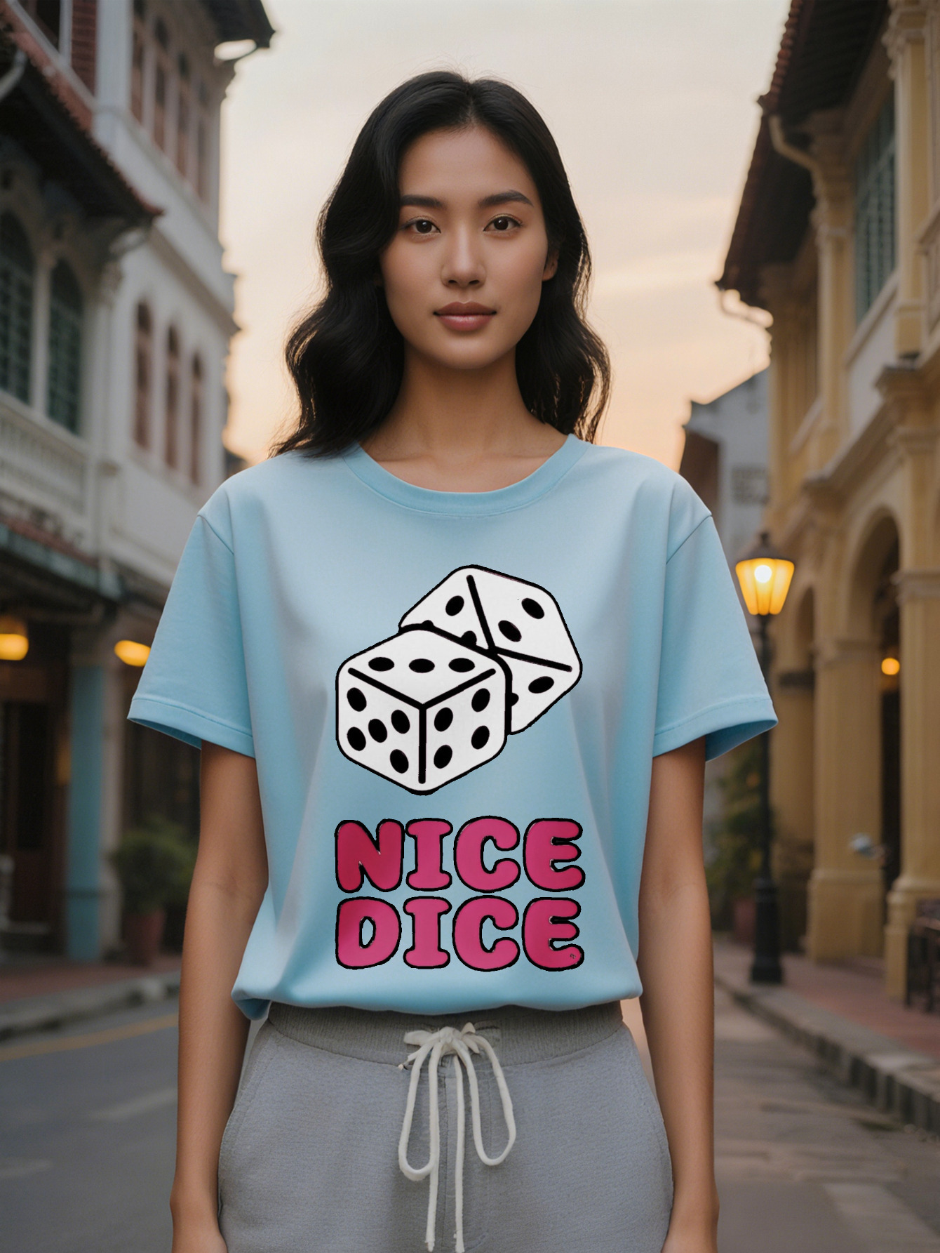 Large XL Women's Casual Graphic T-Shirt Bold NICE DICE Print Dice Design Black with White Pink Lettering Round Neck Summer Tee Plus Size