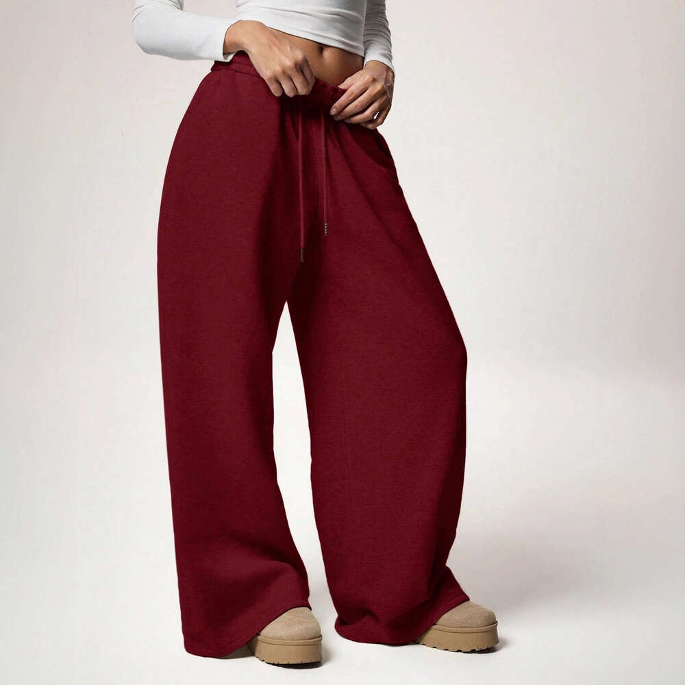 2025 Autumn Winter European and American Women's Fashion Elastic Fleece Loose Wide-Leg Sports Casual Pants