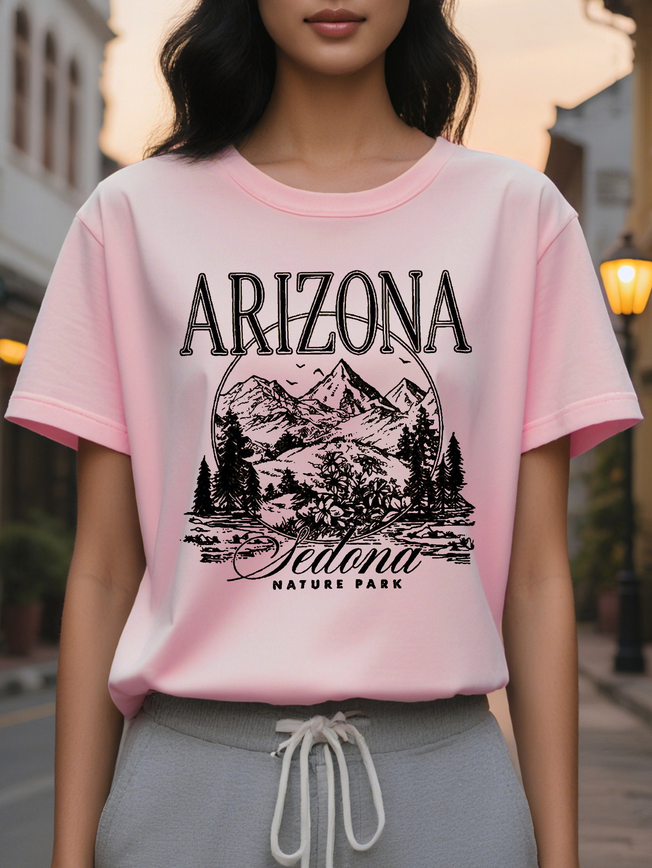 Ladies Arizona Pattern Printed T Shirt Bright Pink Slim Short Sleeve Jacket Desert Landscape Design Breathable Crew