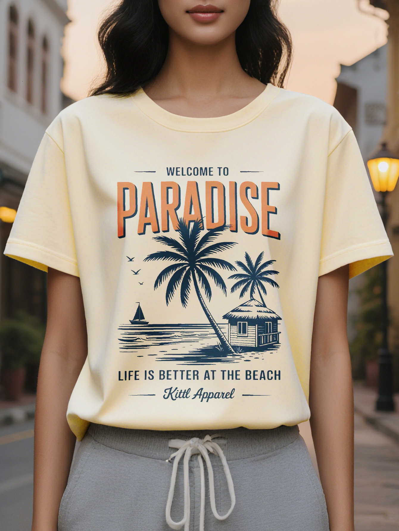 Women's Welcome to Paradise Patterned T-shirt Elegant Summer with Palm Trees and Sea Views Casual Round Neck Short