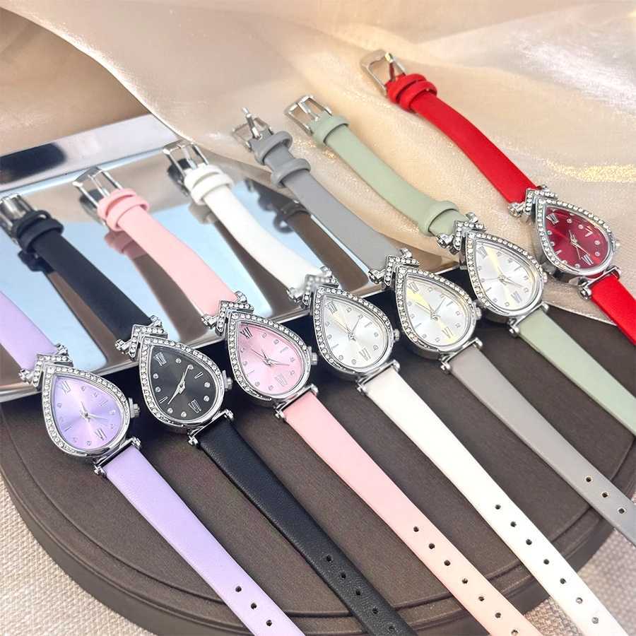 Ladies Waterdrop Shaped Alloy Watch Case Colorf aron Sweet Style PU Strap Fashionable Quartz Watch Elegant Diamond Inlay X250904