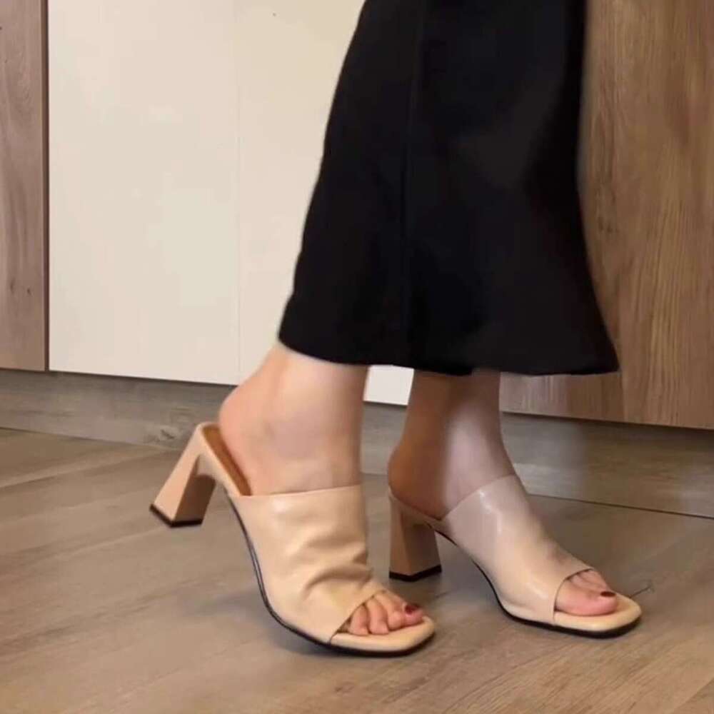 Sheepskin Version ~ French Style Elegant for Women Squ Minimalist High Heels Open Toe Chunky Heel One Designer Shoe Strap Sandals