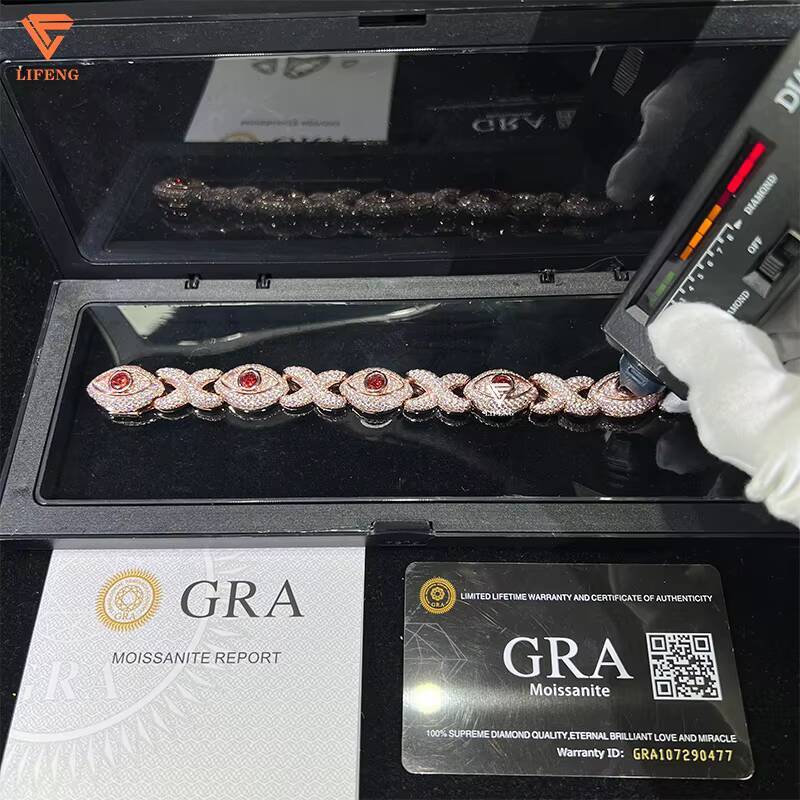 Custom Rose Gold Eyes Bracelet With VVS Moissanite Diamond Hip Hop Jewelry Bracelet Iced Out Chain Men Charm Red Eyes Bracelet