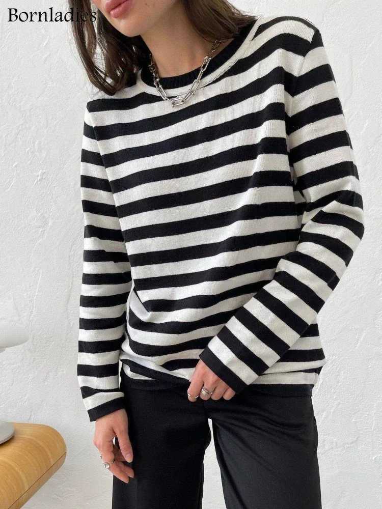 Bornladies Knitted Stripe Sweater Women 2025 Autumn Winter Loose Casual Thick Pullovers Female Warm Longsleeved Round Neck Tops M250904