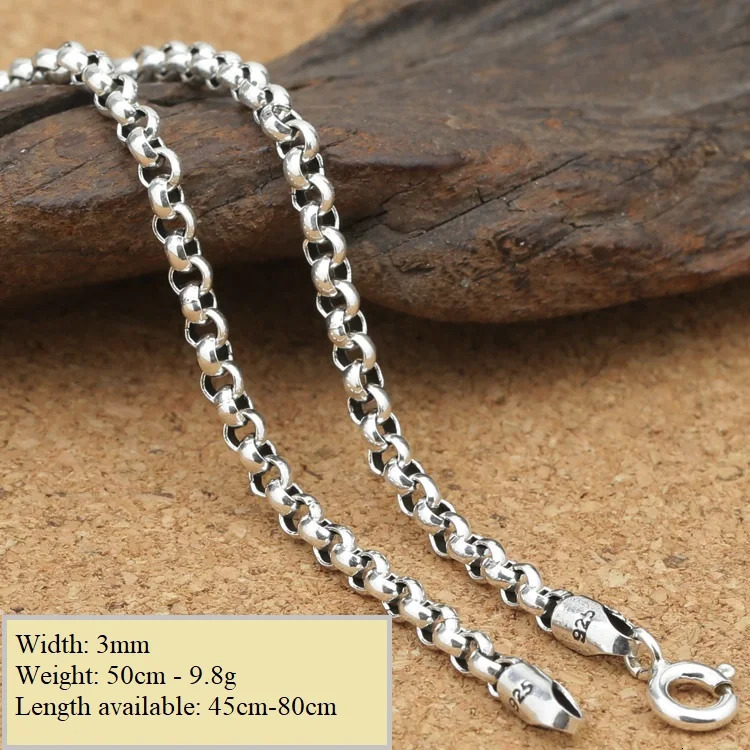 Handmade Thai 100 925 Silver Rolo Chain Pendant Necklace Vintage Style 250903