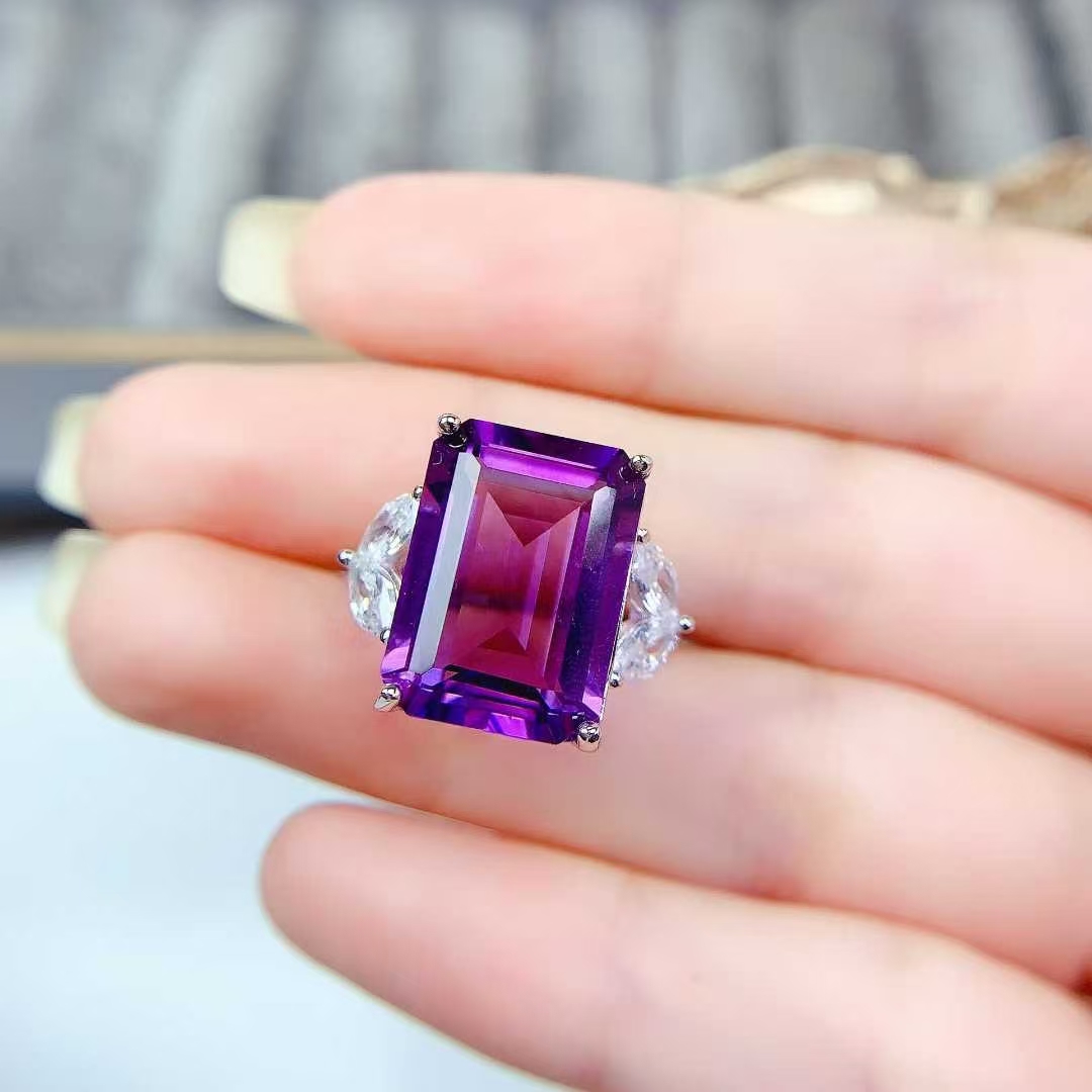 Real 925 silver ring natural amethyst jewelry with certificate 12mm * 16mm 12ct genuine amethyst ring birthday gift for women