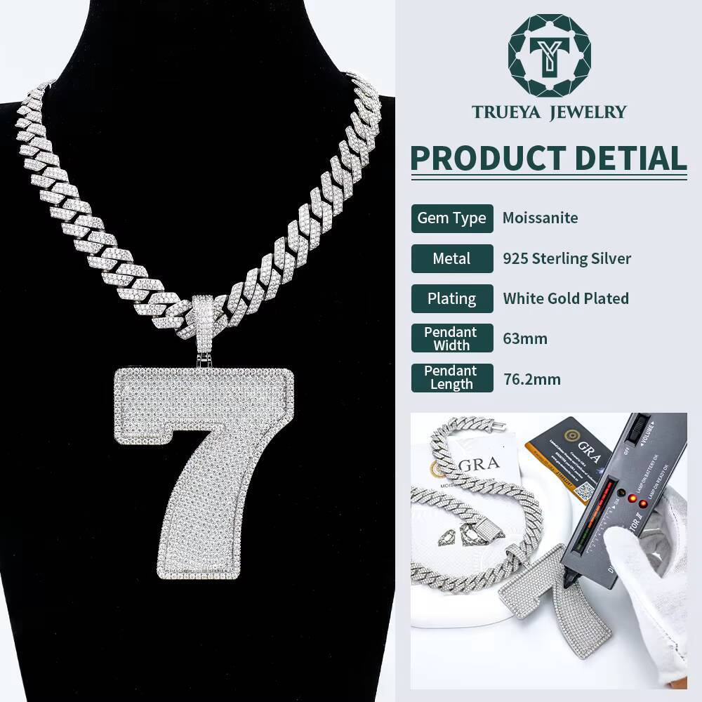 Custom Full Pave Iced Out Moissanite 925Silver White Gold Plated Big Number 7 Pendant Heavy Cuban Chain Necklace for Trendsetter