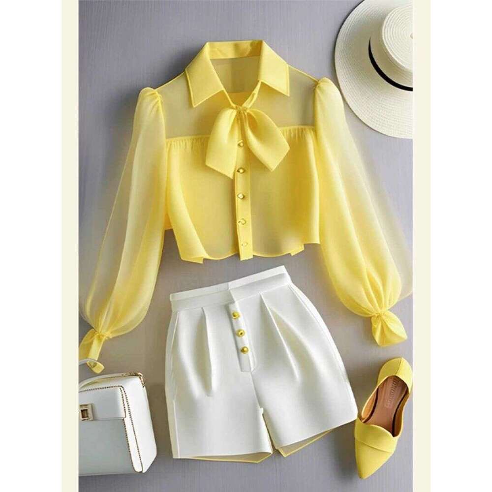 Women's Clothing Spring Summer Fashion And Age-Reducing Chiffon Yellow Polo Collar Shirt Casual Pants Set