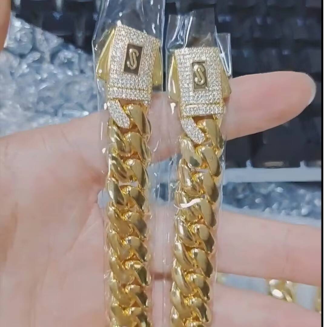 14K18K Gold Plated Cuban Link Chain Monaco Solid Brass Hip Hop Jewelry Iced Diamond Clasp Flat Miami Cuban Link for Men Women