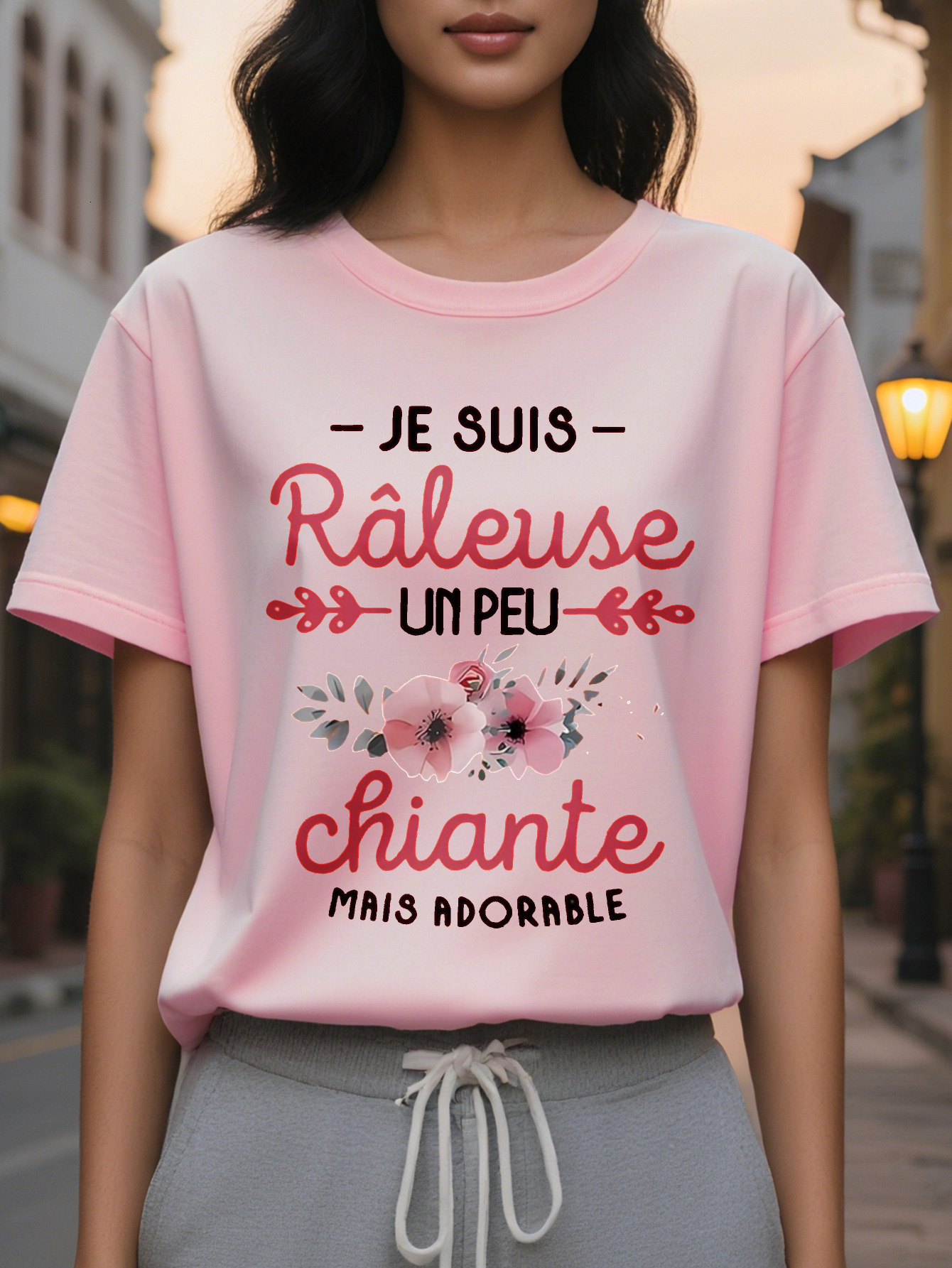 RALEUSE Ladies French Quotations and Printed T-Shirt Light Beige Loose Short Sleeve Top Breathable Round Neck Summer