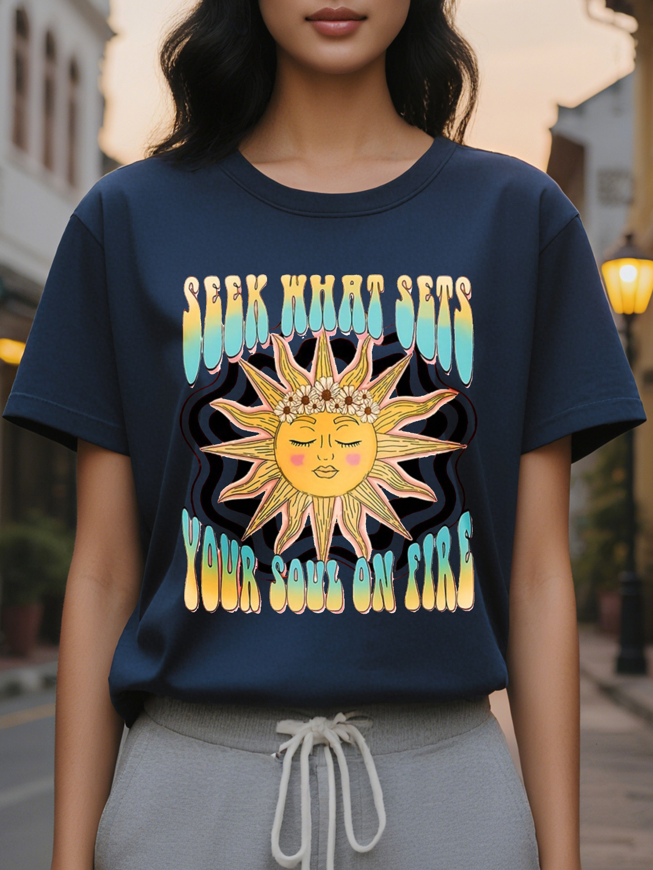 SEEK WHAT SETS ladies casual short sleeved T shirt retro sun rainbow pattern print spring loose translucent jacket
