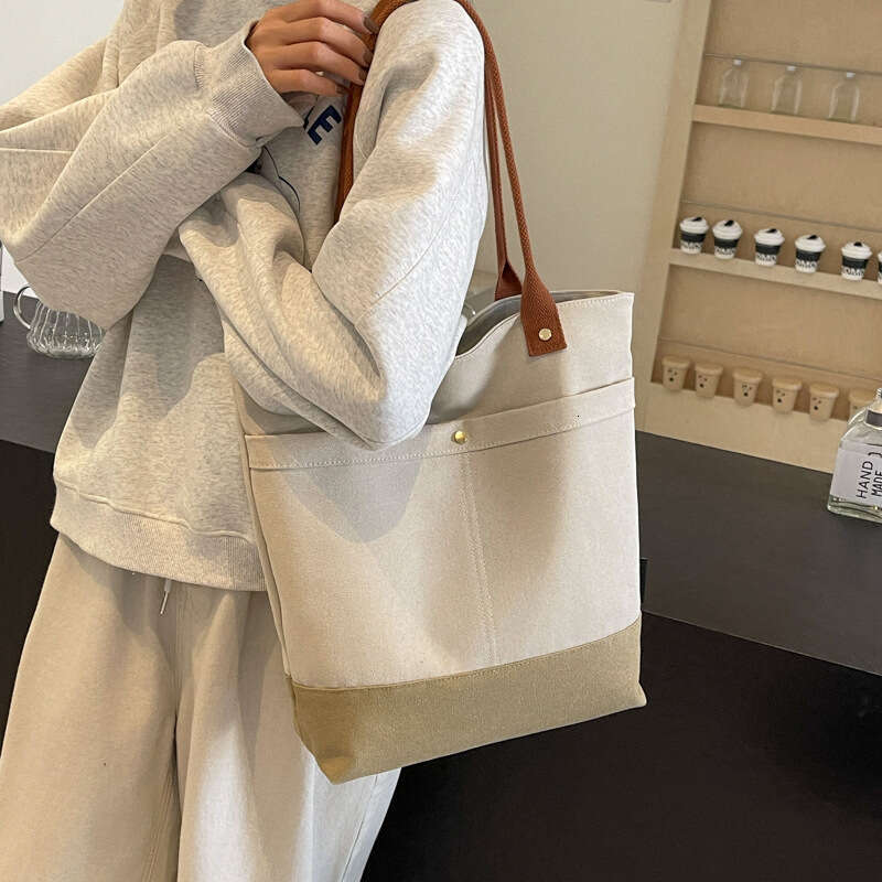 Korean Fashion Patchwork Large Capacity Thick Bucket Canvas 2025 New Style Textured Casual Versatile Shoulder Bag