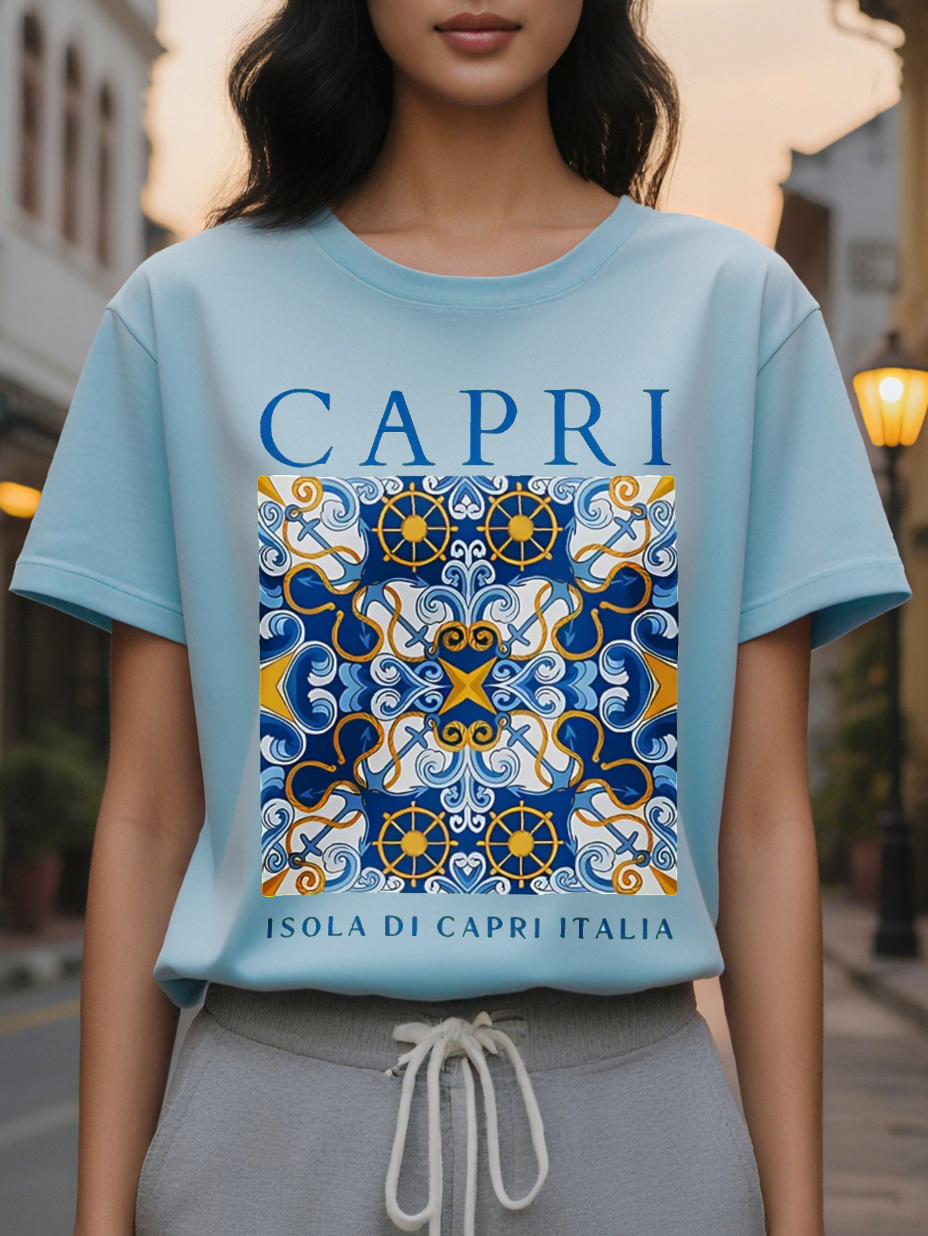 CAPRI American Style Trendy Printed Round Neck Short Sleeve T-Shirt Women's Spring and Summer New Slim Fit Slimming