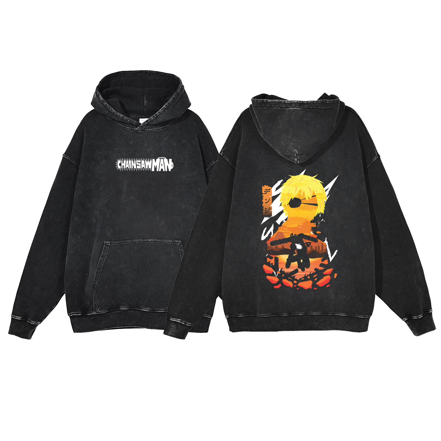 Chainsaw Man Hoodie Anime Streetwear 440g Heavyweight Washed Vintage Cotton Pullover Sweatshirt - VT1555