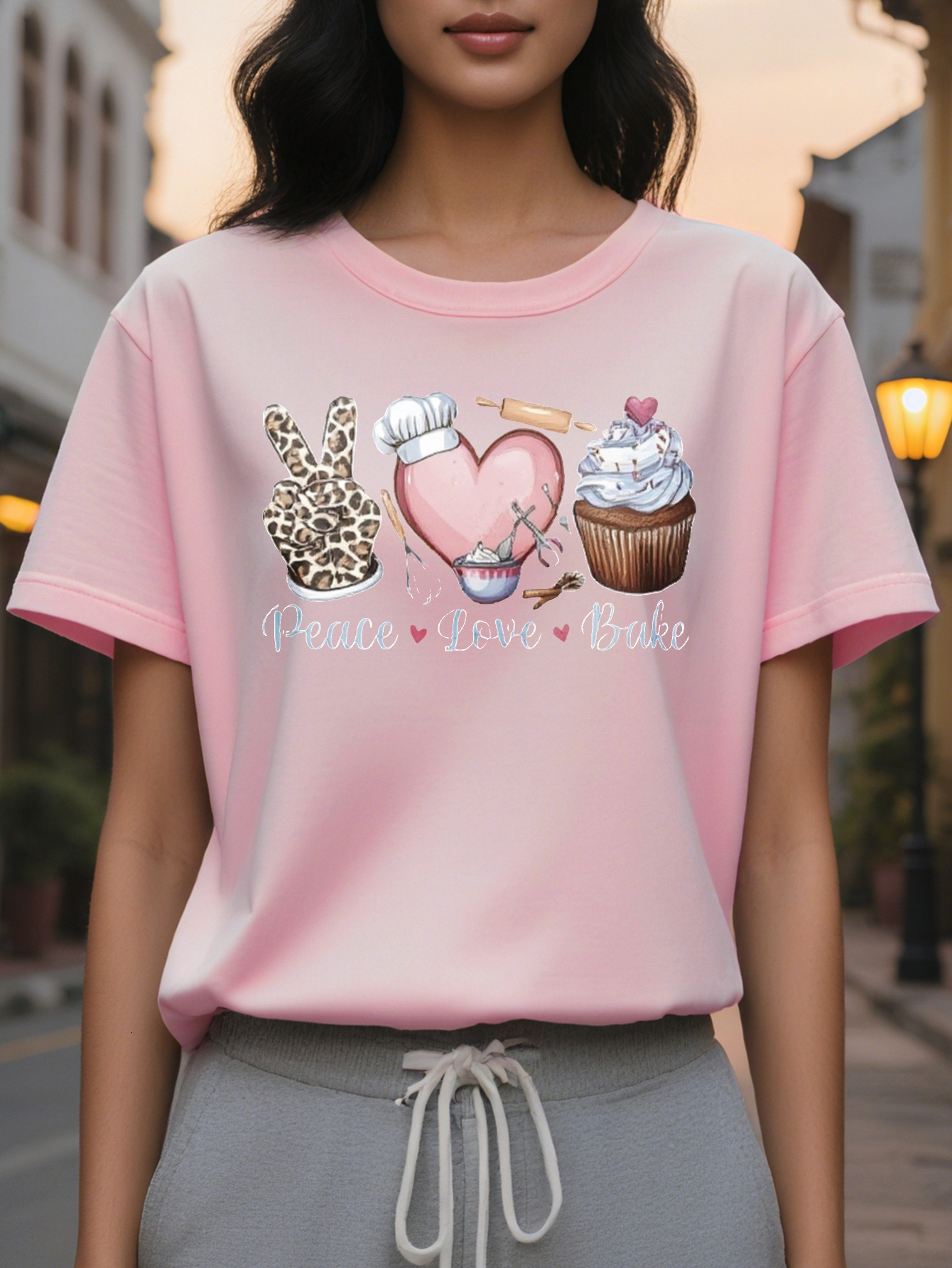 Women's Black Peace Baking Pattern Short Sleeve T-Shirt Button Leopard Love Design Elastic Round Neck Casual Top