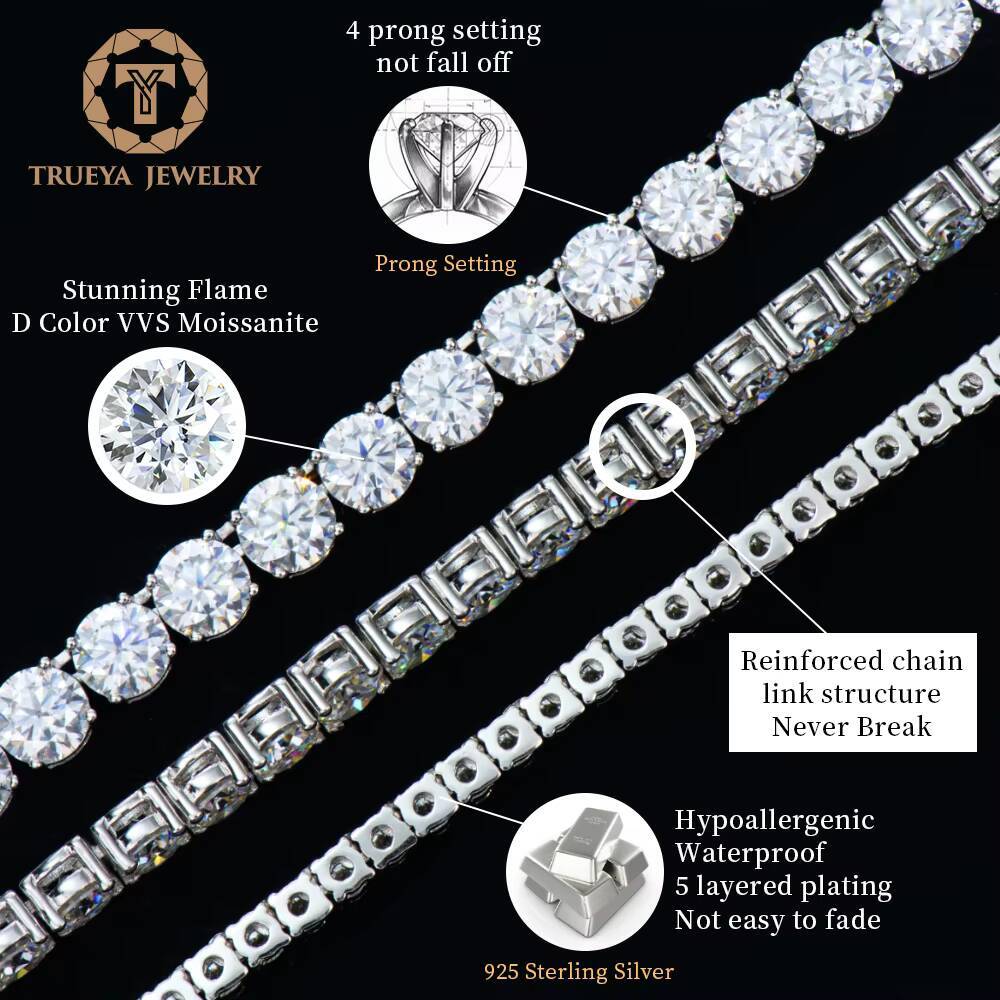 Wholesale Classic Hip Hop 2mm to 6mm DEF VVS Moissanite Silver Tennis Bracelet Link Chain for GIRL for Gift for Confessing love