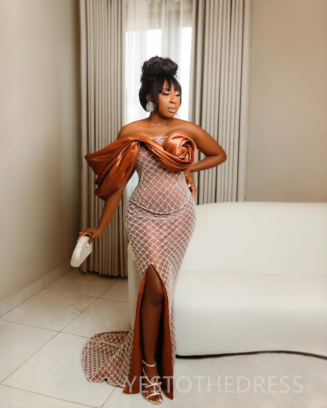 2025 Brown Cocktail Dresses For Women Homecoming Dress Sheath Illusion Strapless Beaded Lace Side Split Sexy Pleated Prom Dresses For Black Girls C428