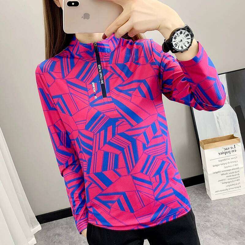 Women's Breathable Outdoor Sports Quick Dry Print Shirt Ladies Running Hiking Long Sleeve UV Clothing Camping Stand Collar Top