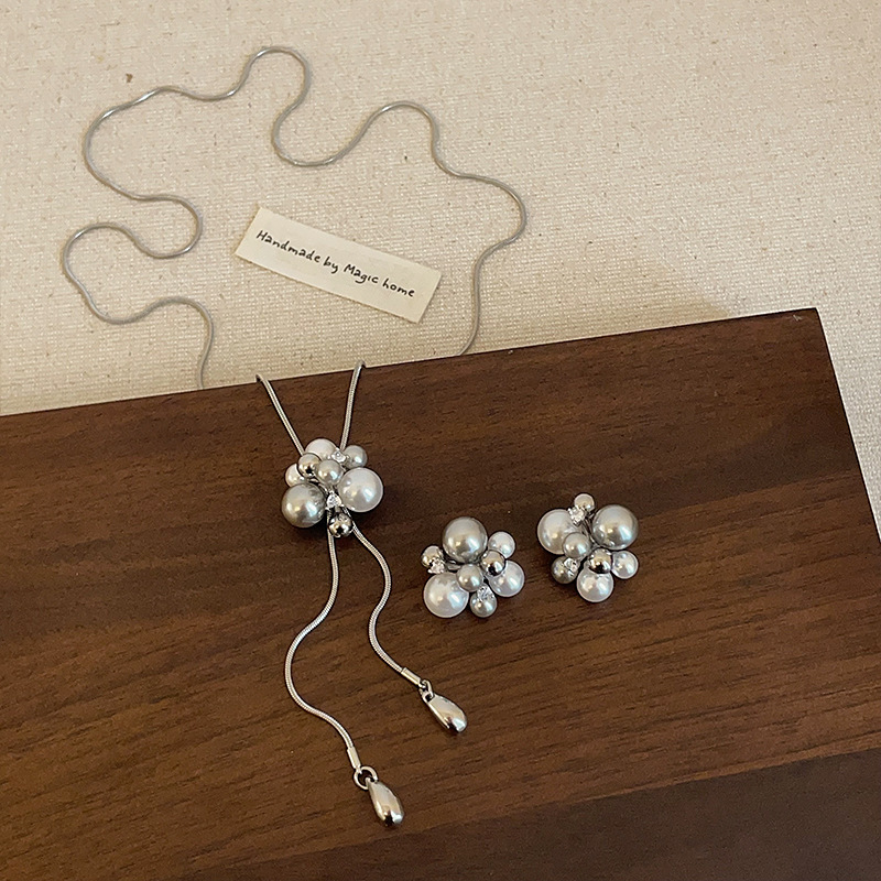 Unique Design Fireworks Pearl Pull Necklace Stud Earrings for Women French Style Personality Versatile Choker Sweater Chain