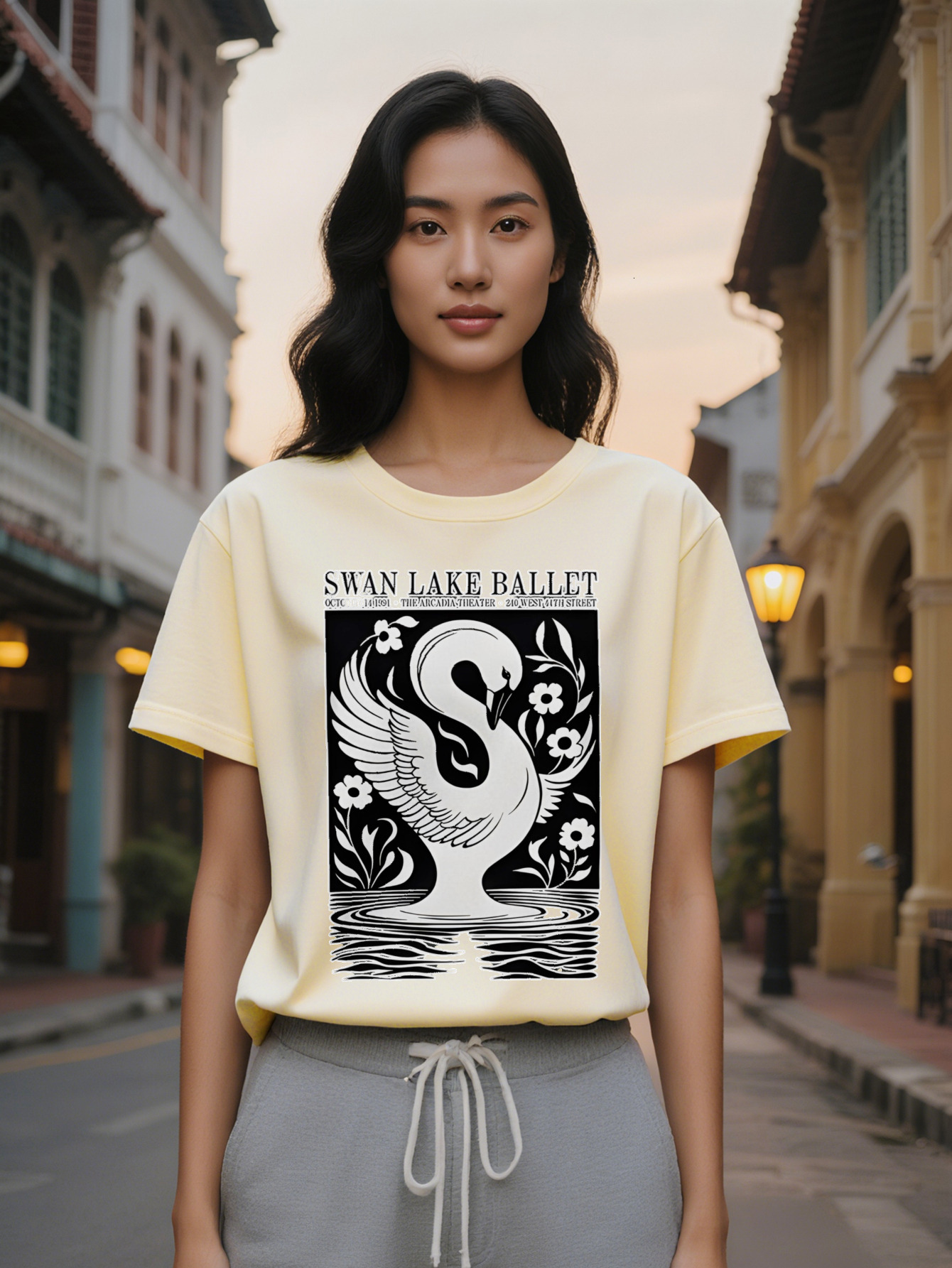 Large XL Women's Casual Lacquer Graphic T-Shirt Black with White Swan Floral Print Round Neck Summer Tee Washable Regular Plus Size