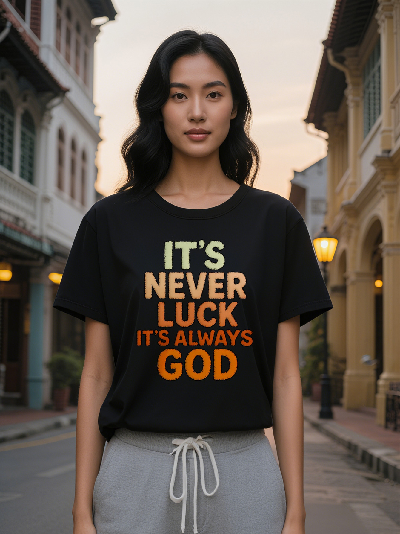 Large XL Women's Casual T-Shirt with Inspirational Never Luck It's Always God Print Black Orange Light Green Lettering Soft Plus Size
